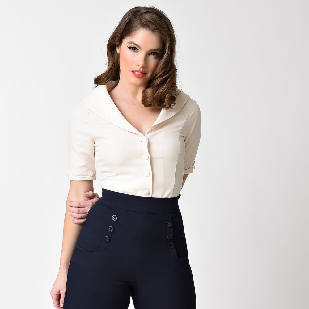 Unique Vintage 1940s-style, cream button-up top